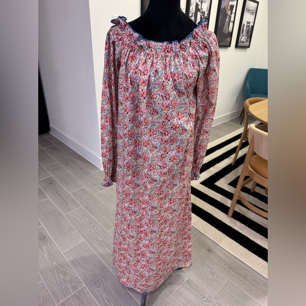 CASEY MARKS Blue Pink Floral Print 100% Cotton Dress Size Large EUC